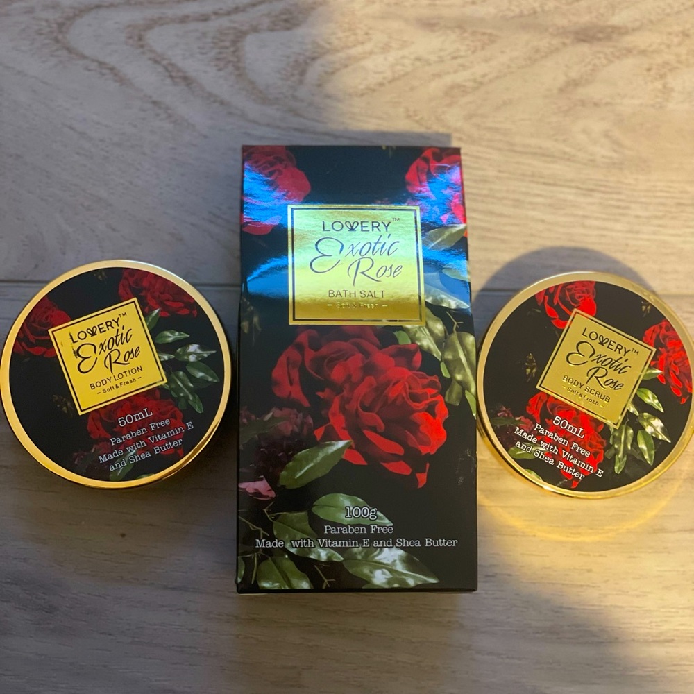 Lovery Exotic Rose bath salt, body lotion, and body scrub